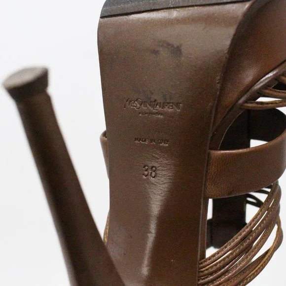 YSL #36155 Brown Leather Tribute T-Strap Platform Heels (US 8 EU 38)